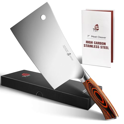 TUO Meat Cleaver, 7 inch Heavy Duty Bone Chopper, High Carbon German Stainless Steel Butcher Knife, Pakkawood Handle Kitchen Chopping Knife with Gift Box - Fiery Phoenix Series